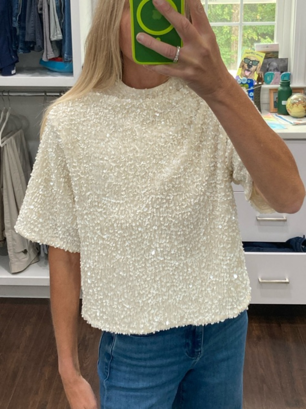 H&M Ivory Sequin-Textured Short Sleeve Tee